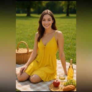 NWOT Papermoon Yellow Spagetti Strap Summer Dress w/ Pleats Ruffles Women’s Sz-S